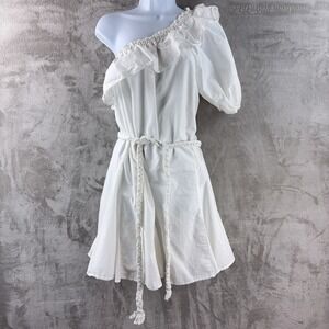 Rhode‎ x Target Poplin One Shoulder Dress Womens Medium White Ruffle Trim Belted